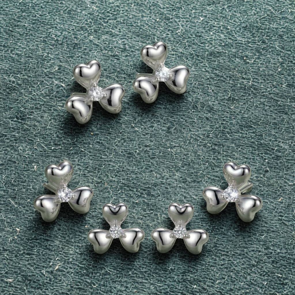 AGOR LUXE 925 Sterling Silver Clover Floral Stud Earrings set of 3 High Polish Finish Minimalist Everyday Jewellery for Women