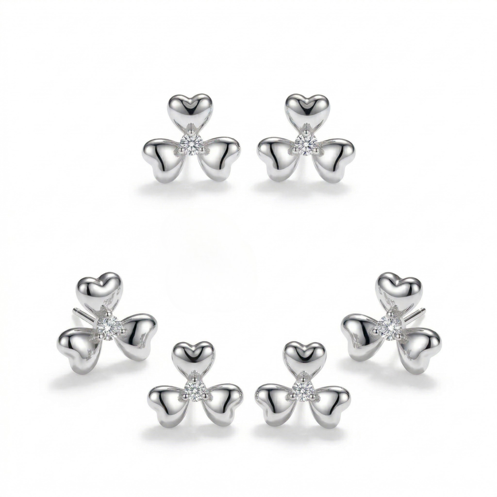 AGOR LUXE 925 Sterling Silver Clover Floral Stud Earrings set of 3 High Polish Finish Minimalist Everyday Jewellery for Women