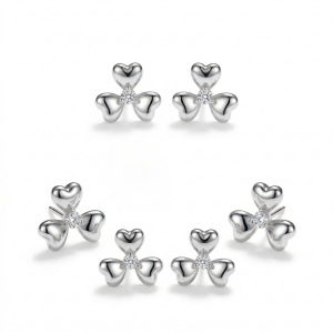 AGOR LUXE 925 Sterling Silver Clover Floral Stud Earrings set of 3 High Polish Finish Minimalist Everyday Jewellery for Women