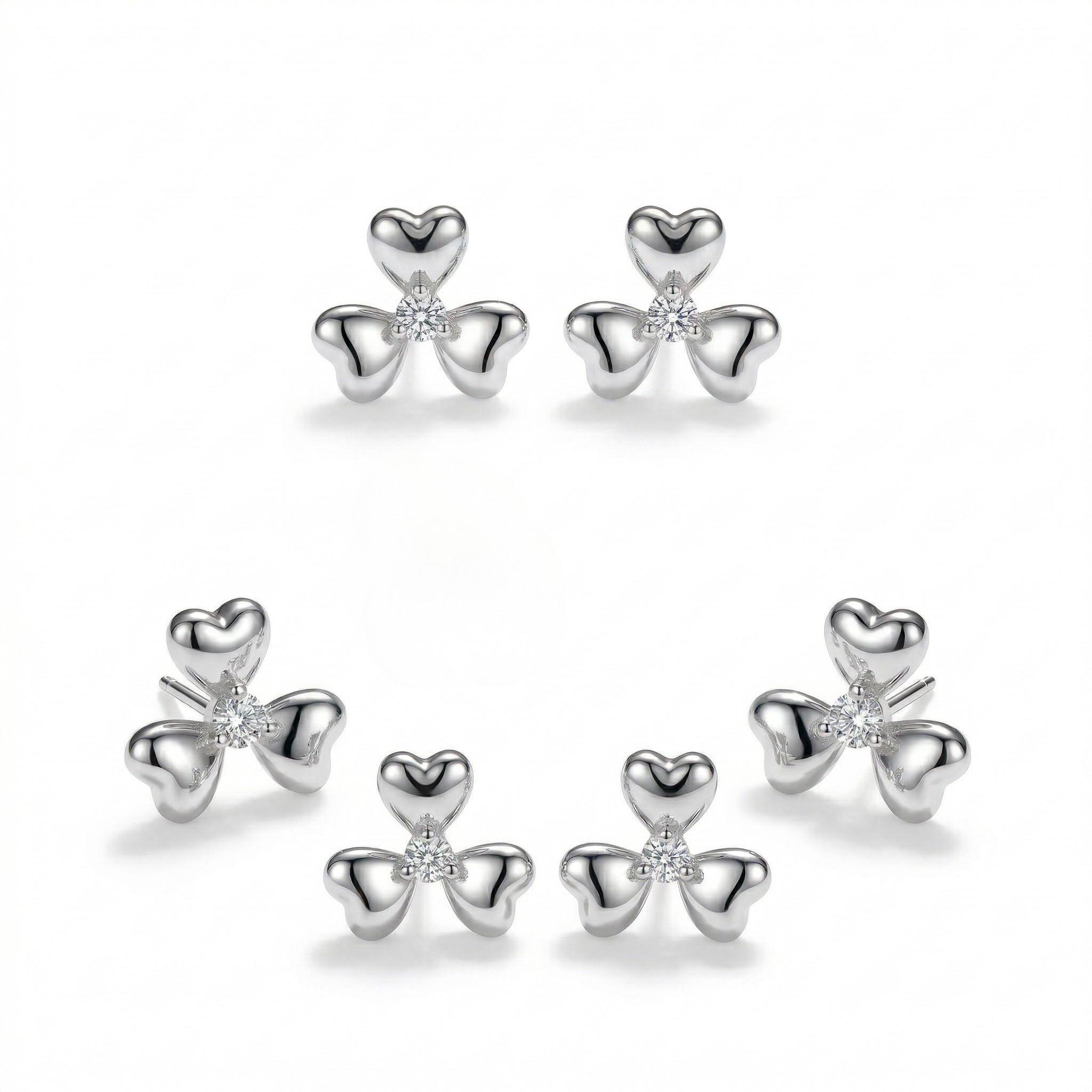LUXE 925 Sterling Silver Clover Floral Stud Earrings set of 3 High Polish Finish Minimalist Everyday Jewellery for Women