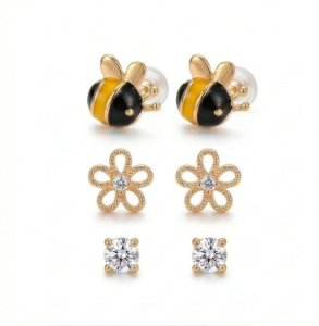 AGOR LUXE 925 Sterling Silver Rose Gold Plated Bee Flower Solitaire Stud Earrings Set of 3 Fine Jewellery for Women
