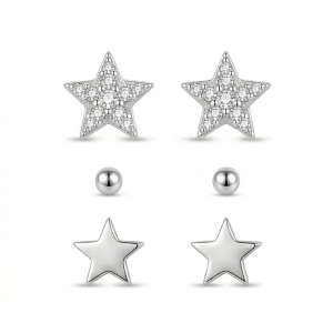 AGOR LUXE 925 Sterling Silver Celestial Star and Ball Stud Earrings Set of 3 High Polish Rhodium Finish Fine Jewellery for Women