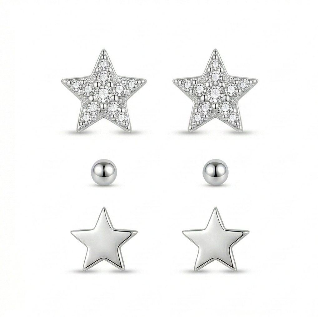 LUXE 925 Sterling Silver Celestial Star and Ball Stud Earrings Set of 3 High Polish Rhodium Finish Fine Jewellery for Women
