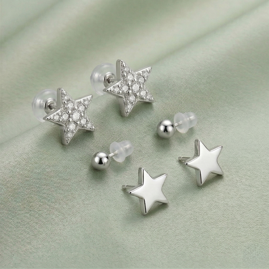 AGOR LUXE 925 Sterling Silver Celestial Star and Ball Stud Earrings Set of 3 High Polish Rhodium Finish Fine Jewellery for Women