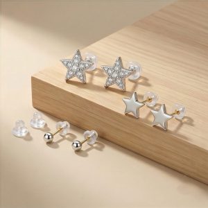 AGOR LUXE 925 Sterling Silver Celestial Star and Ball Stud Earrings Set of 3 High Polish Rhodium Finish Fine Jewellery for Women