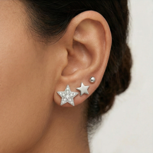 AGOR LUXE 925 Sterling Silver Celestial Star and Ball Stud Earrings Set of 3 High Polish Rhodium Finish Fine Jewellery for Women