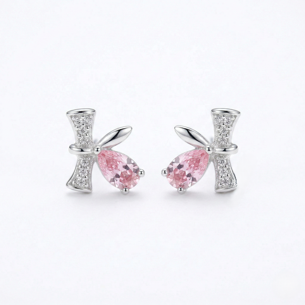 AGOR LUXE 925 Sterling Silver Pink Marquise Whimsical Stud Earrings High Polish Rhodium Finish Fine Jewellery for Women