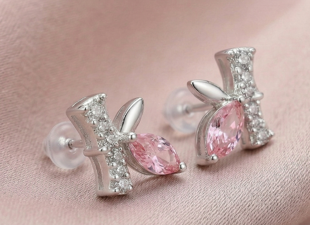 AGOR LUXE 925 Sterling Silver Pink Marquise Whimsical Stud Earrings High Polish Rhodium Finish Fine Jewellery for Women