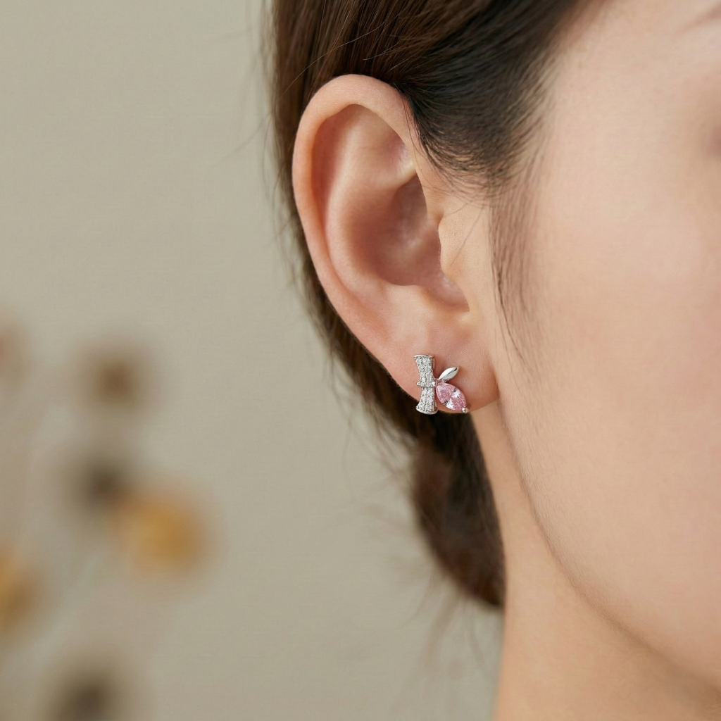AGOR LUXE 925 Sterling Silver Pink Marquise Whimsical Stud Earrings High Polish Rhodium Finish Fine Jewellery for Women