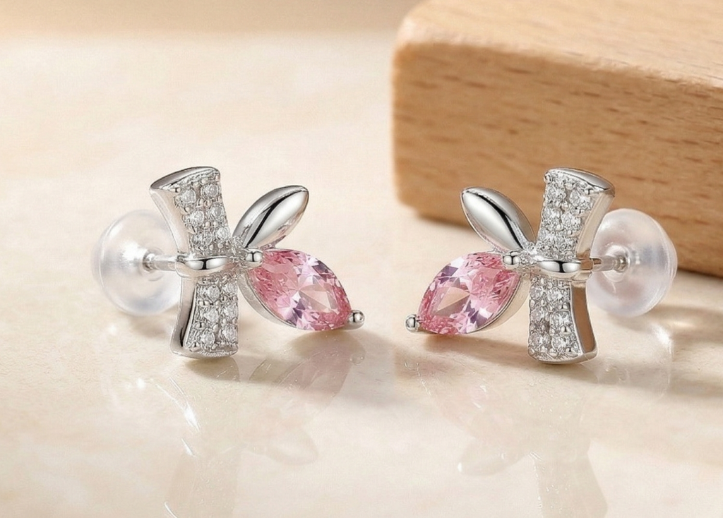 AGOR LUXE 925 Sterling Silver Pink Marquise Whimsical Stud Earrings High Polish Rhodium Finish Fine Jewellery for Women