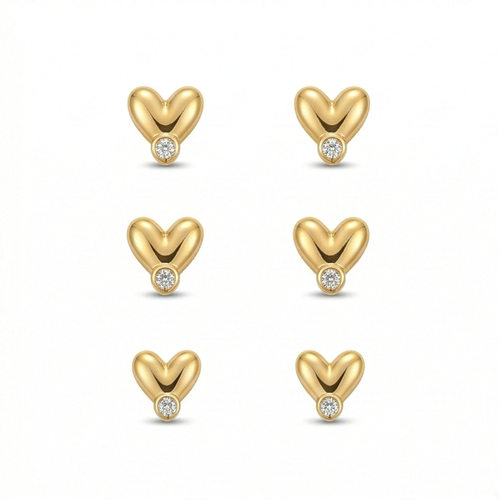 AGOR LUXE 925 Sterling Silver Gold Plated Puffed Heart Stud Earrings Fine Jewellery for Women