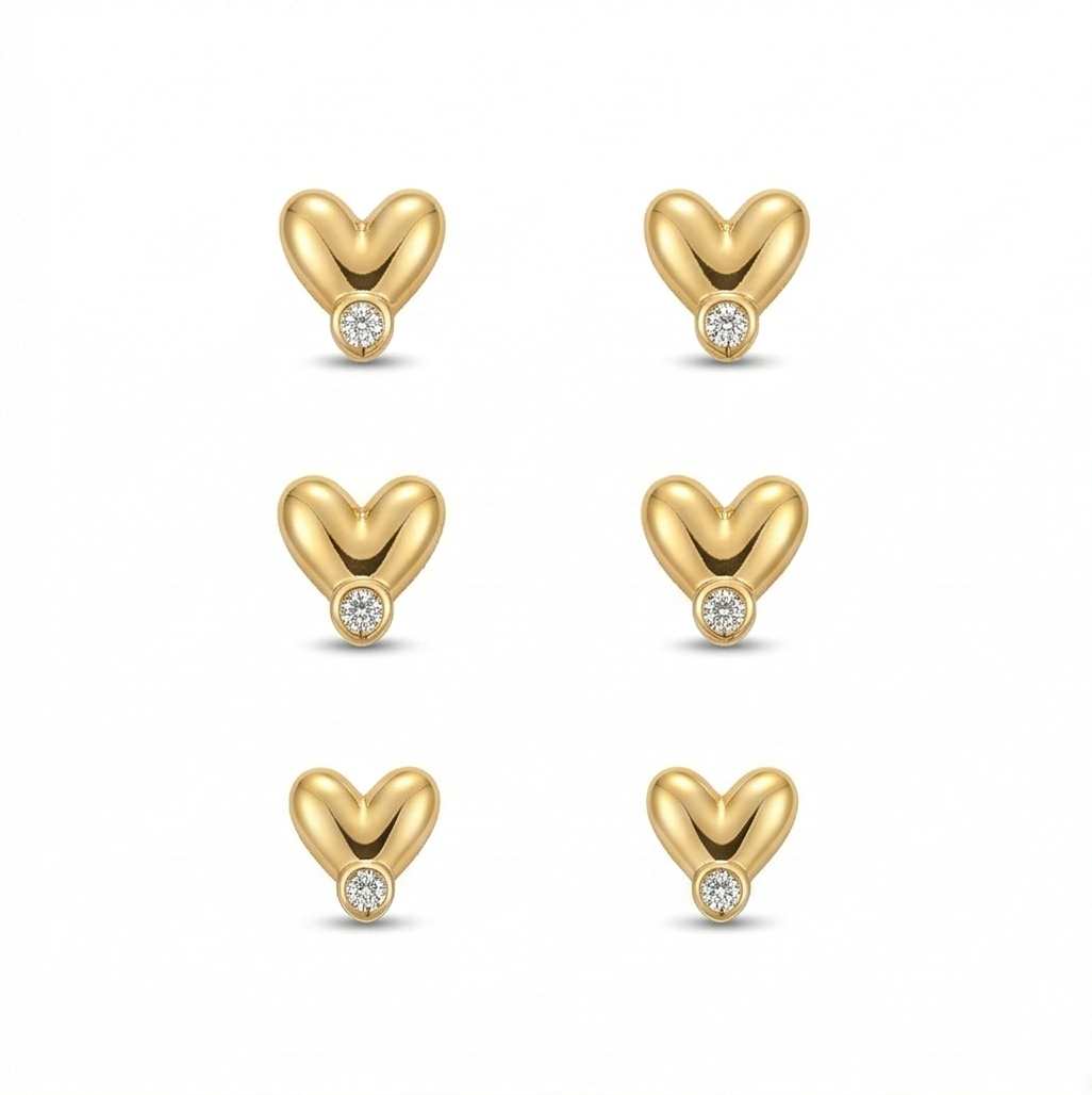 LUXE 925 Sterling Silver Gold Plated Puffed Heart Stud Earrings Fine Jewellery for Women