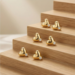 AGOR LUXE 925 Sterling Silver Gold Plated Puffed Heart Stud Earrings Fine Jewellery for Women