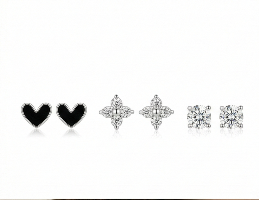 AGOR LUXE 925 Sterling Silver Multi-Design Heart and Floral Stud Earrings Set High Polish Enamel Finish Trendy Jewellery for Women