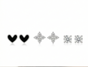 AGOR LUXE 925 Sterling Silver Multi-Design Heart and Floral Stud Earrings Set High Polish Enamel Finish Trendy Jewellery for Women