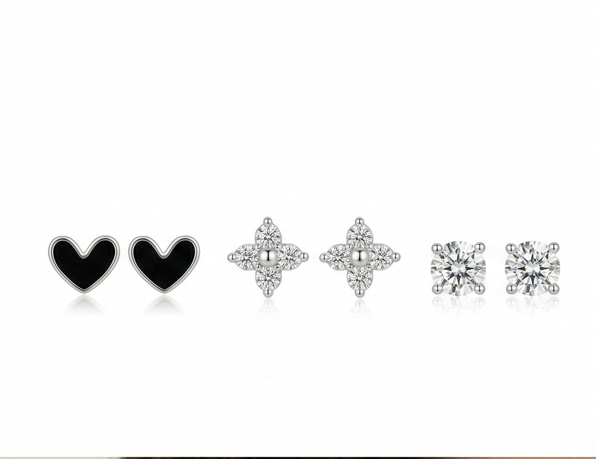 LUXE 925 Sterling Silver Multi-Design Heart and Floral Stud Earrings Set High Polish Enamel Finish Trendy Jewellery for Women
