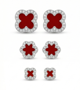 AGOR LUXE 925 Sterling Silver Red Enamel Clover Set of 3 Stud Earrings High Polish Rhodium Finish Fine Jewellery
