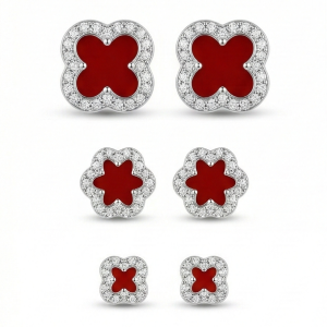 LUXE 925 Sterling Silver Red Enamel Clover Set of 3 Stud Earrings High Polish Rhodium Finish Fine Jewellery