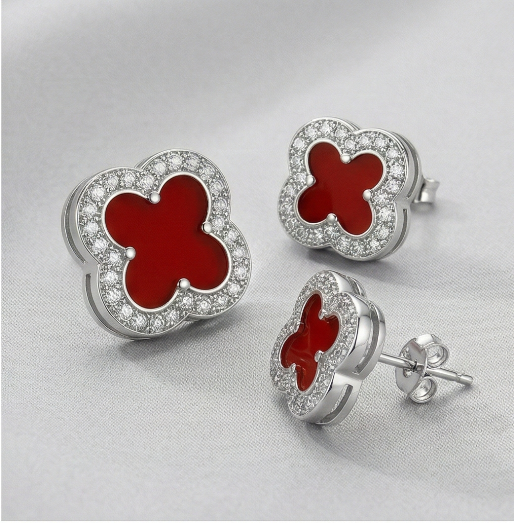 AGOR LUXE 925 Sterling Silver Red Enamel Clover Set of 3 Stud Earrings High Polish Rhodium Finish Fine Jewellery