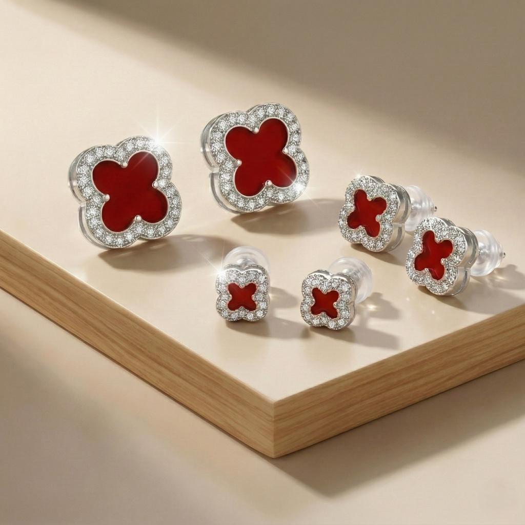 AGOR LUXE 925 Sterling Silver Red Enamel Clover Set of 3 Stud Earrings High Polish Rhodium Finish Fine Jewellery