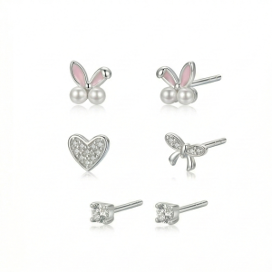 AGOR LUXE 925 Sterling Silver Whimsical Motif Stud Earrings Set of 3 High Polish Rhodium Finish Fine Jewellery