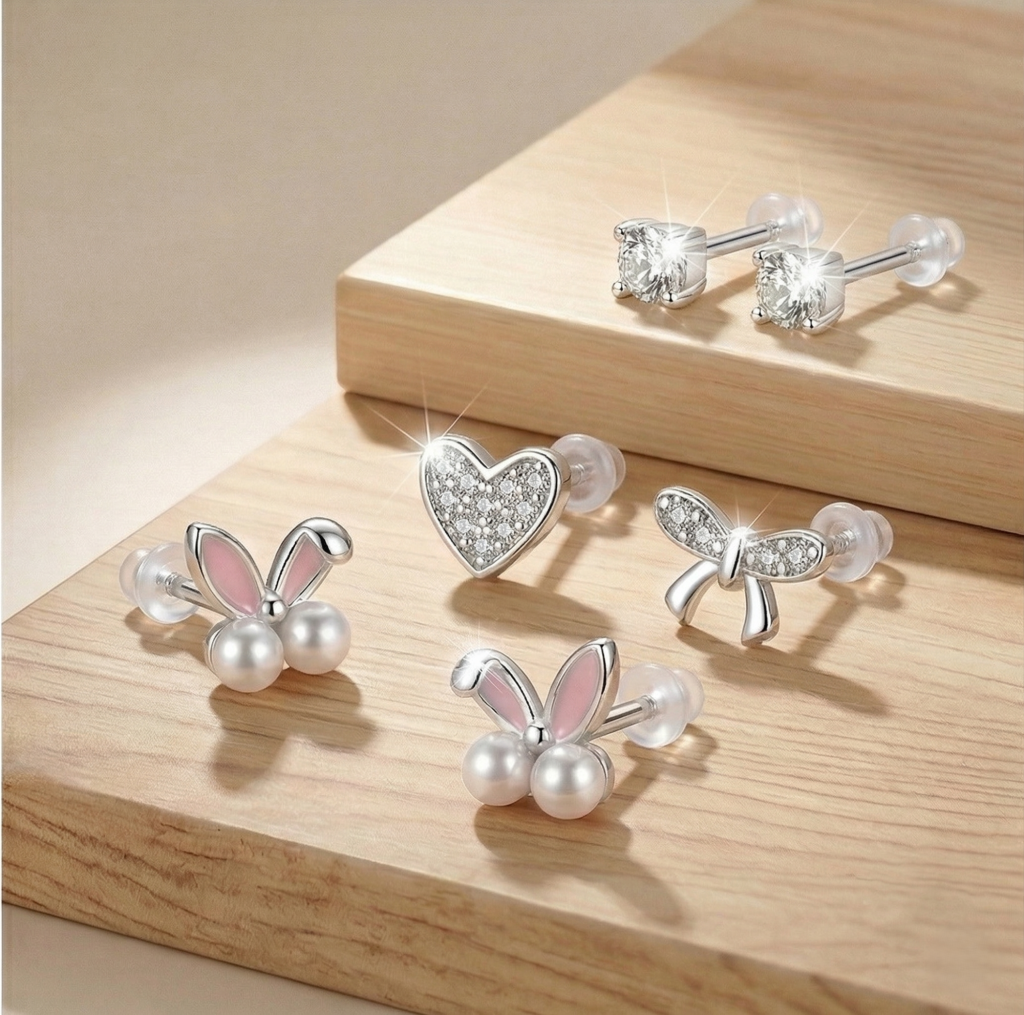 AGOR LUXE 925 Sterling Silver Whimsical Motif Stud Earrings Set of 3 High Polish Rhodium Finish Fine Jewellery