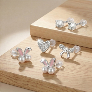 LUXE 925 Sterling Silver Whimsical Motif Stud Earrings Set of 3 High Polish Rhodium Finish Fine Jewellery