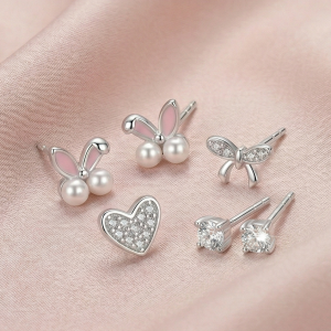 LUXE 925 Sterling Silver Whimsical Motif Stud Earrings Set of 3 High Polish Rhodium Finish Fine Jewellery
