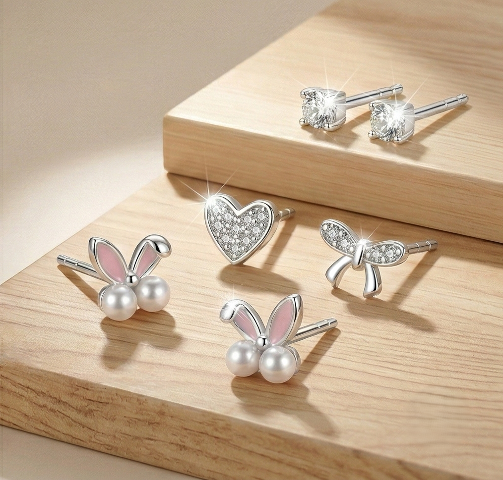 LUXE 925 Sterling Silver Whimsical Motif Stud Earrings Set of 3 High Polish Rhodium Finish Fine Jewellery