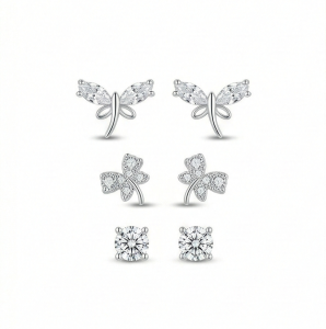 AGOR LUXE 925 Sterling Silver Nature Inspired Multi Piercing Set of 3 Stud Earrings High Polish Rhodium Finish Fine Jewellery