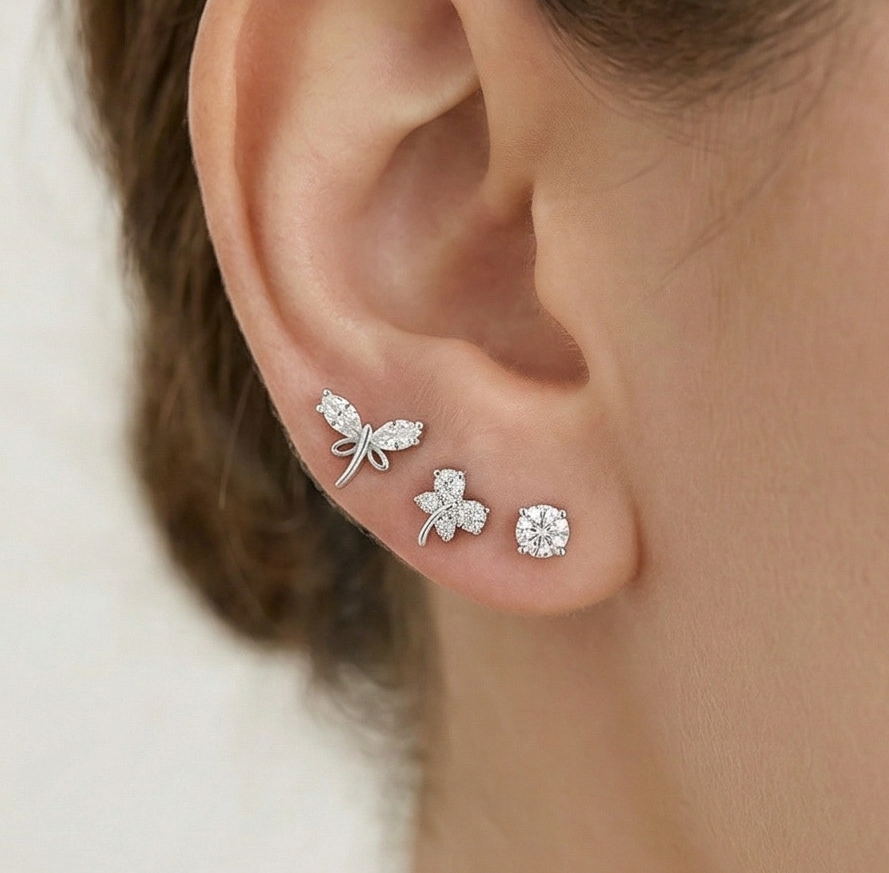 LUXE 925 Sterling Silver Nature Inspired Multi Piercing Set of 3 Stud Earrings High Polish Rhodium Finish Fine Jewellery