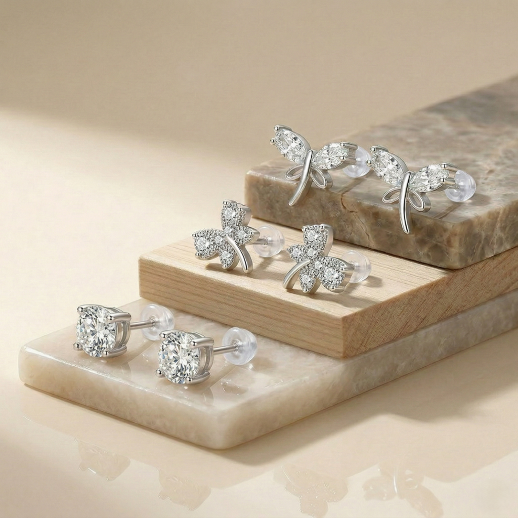 AGOR LUXE 925 Sterling Silver Nature Inspired Multi Piercing Set of 3 Stud Earrings High Polish Rhodium Finish Fine Jewellery