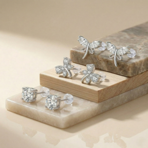 AGOR LUXE 925 Sterling Silver Nature Inspired Multi Piercing Set of 3 Stud Earrings High Polish Rhodium Finish Fine Jewellery