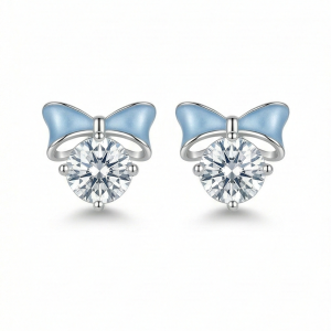 AGOR LUXE 925 Sterling Silver Blue Enamel Bow Solitaire Stud Earrings High Polish Rhodium Finish Fine Jewellery
