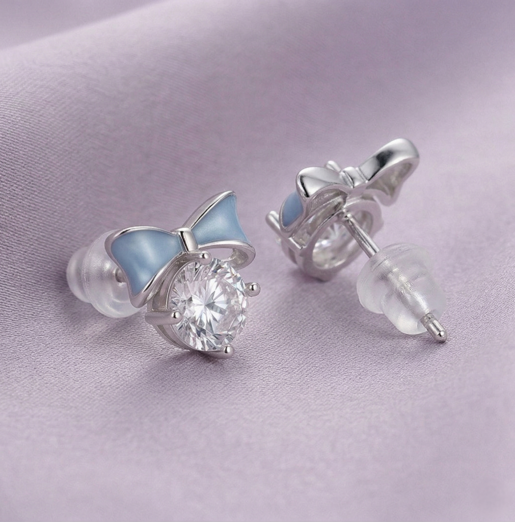 AGOR LUXE 925 Sterling Silver Blue Enamel Bow Solitaire Stud Earrings High Polish Rhodium Finish Fine Jewellery