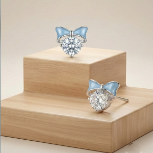 AGOR LUXE 925 Sterling Silver Blue Enamel Bow Solitaire Stud Earrings High Polish Rhodium Finish Fine Jewellery