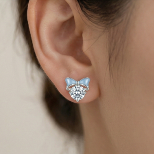 AGOR LUXE 925 Sterling Silver Blue Enamel Bow Solitaire Stud Earrings High Polish Rhodium Finish Fine Jewellery