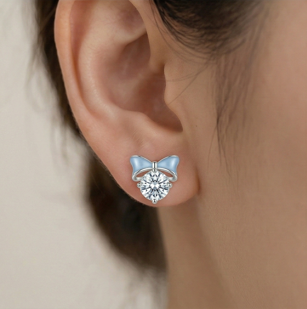 LUXE 925 Sterling Silver Blue Enamel Bow Solitaire Stud Earrings High Polish Rhodium Finish Fine Jewellery