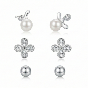 AGOR LUXE 925 Sterling Silver Pearl and Floral Stud Earrings Set of 3 High Polish Rhodium Finish Fine Jewellery