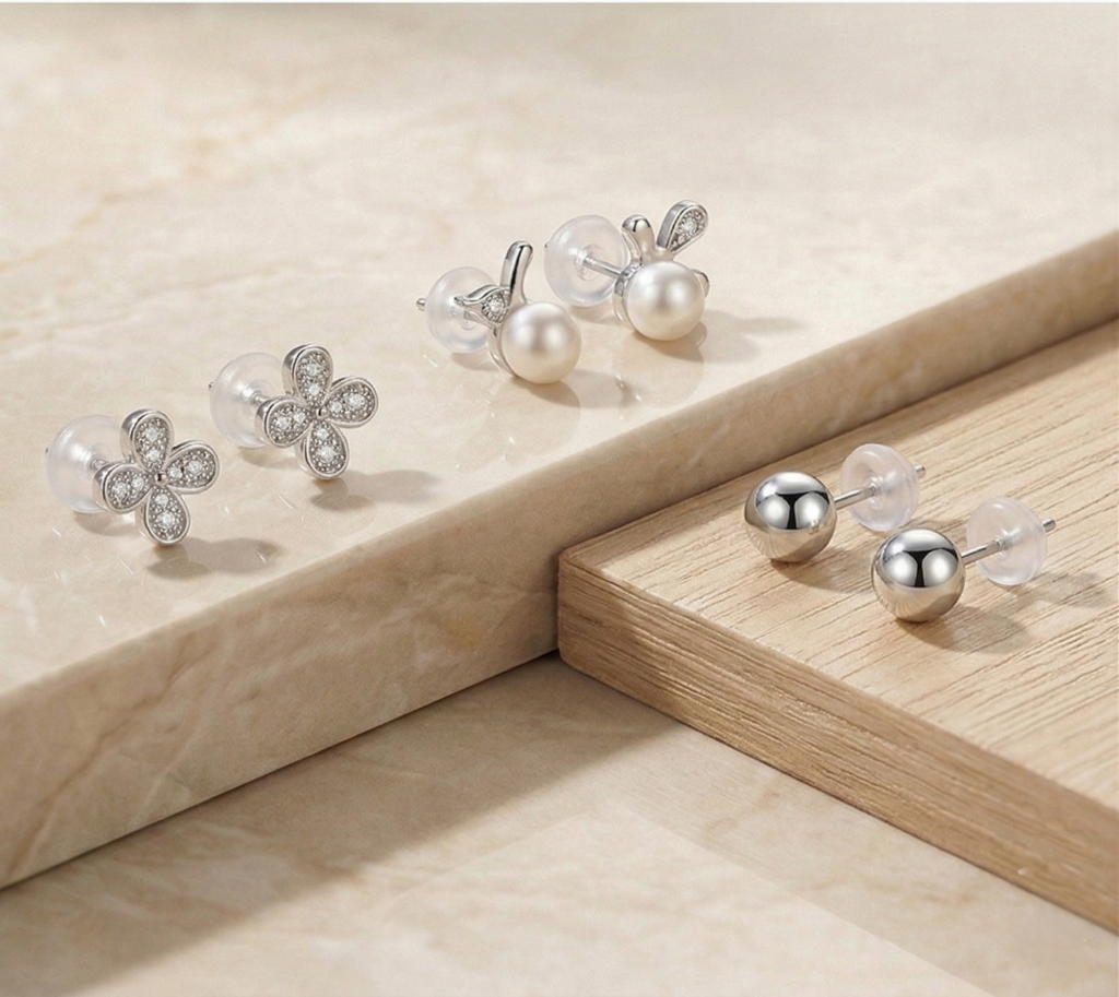 AGOR LUXE 925 Sterling Silver Pearl and Floral Stud Earrings Set of 3 High Polish Rhodium Finish Fine Jewellery