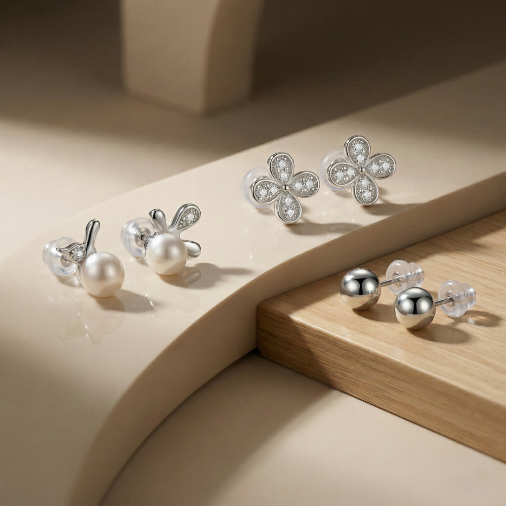 AGOR LUXE 925 Sterling Silver Pearl and Floral Stud Earrings Set of 3 High Polish Rhodium Finish Fine Jewellery