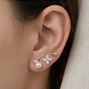 AGOR LUXE 925 Sterling Silver Pearl and Floral Stud Earrings Set of 3 High Polish Rhodium Finish Fine Jewellery