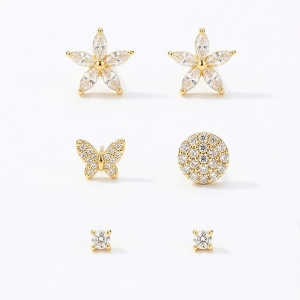 AGOR LUXE 925 Sterling Silver Floral and Butterfly Stud Earrings Set of 3 Yellow Gold Finish Fine Jewellery