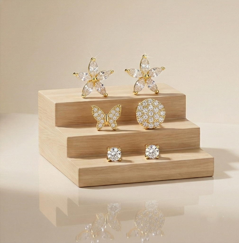 AGOR LUXE 925 Sterling Silver Floral and Butterfly Stud Earrings Set of 3 Yellow Gold Finish Fine Jewellery