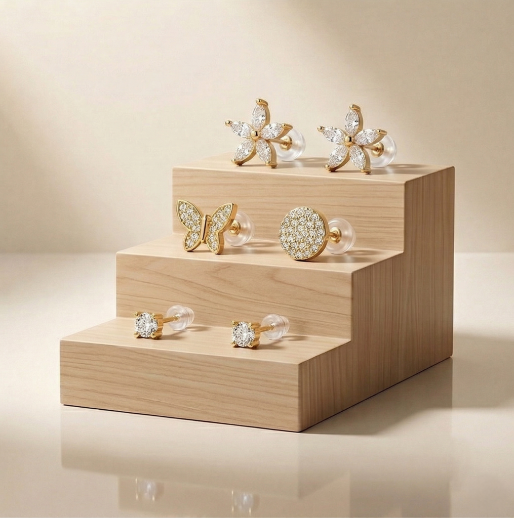 AGOR LUXE 925 Sterling Silver Floral and Butterfly Stud Earrings Set of 3 Yellow Gold Finish Fine Jewellery
