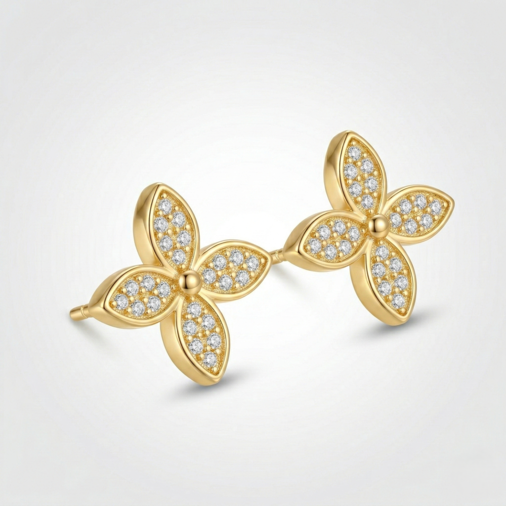 AGOR LUXE 925 Sterling Silver Four Petal Floral Stud Earrings Yellow Gold Finish Fine Jewellery