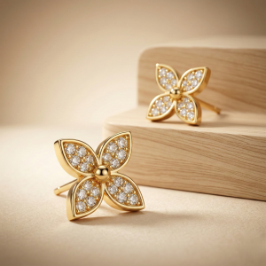 AGOR LUXE 925 Sterling Silver Four Petal Floral Stud Earrings Yellow Gold Finish Fine Jewellery