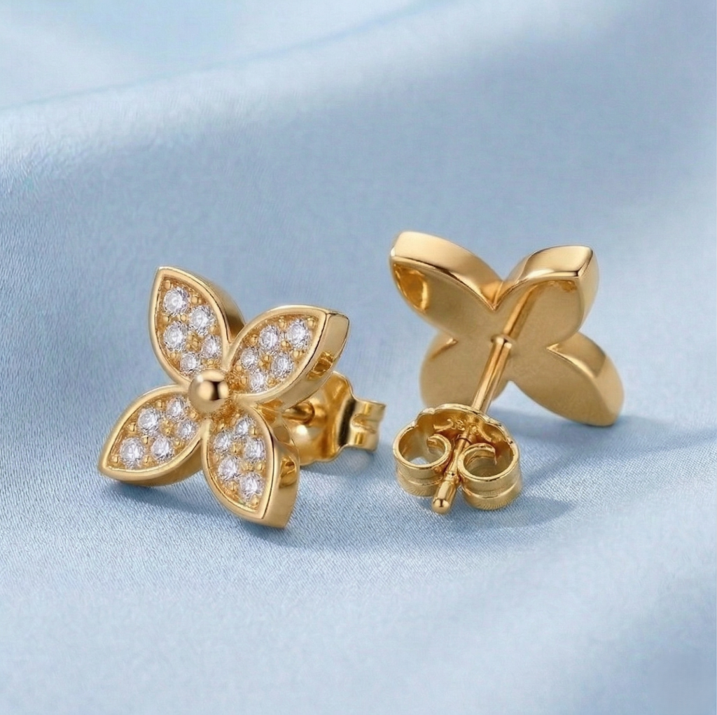 AGOR LUXE 925 Sterling Silver Four Petal Floral Stud Earrings Yellow Gold Finish Fine Jewellery