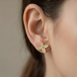 AGOR LUXE 925 Sterling Silver Four Petal Floral Stud Earrings Yellow Gold Finish Fine Jewellery