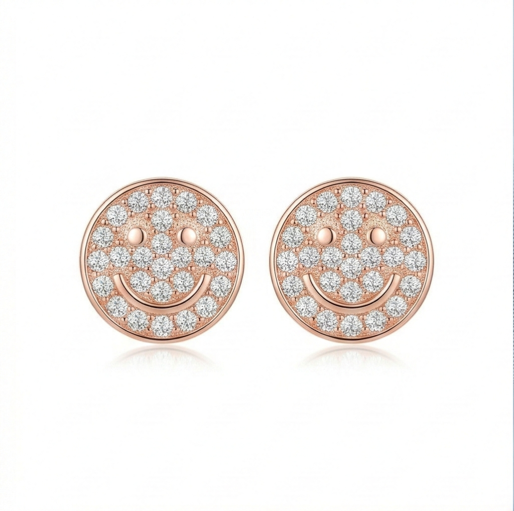AGOR LUXE 925 Sterling Silver Pave Smiley Face Stud Earrings Rose Gold Finish Fine Jewellery